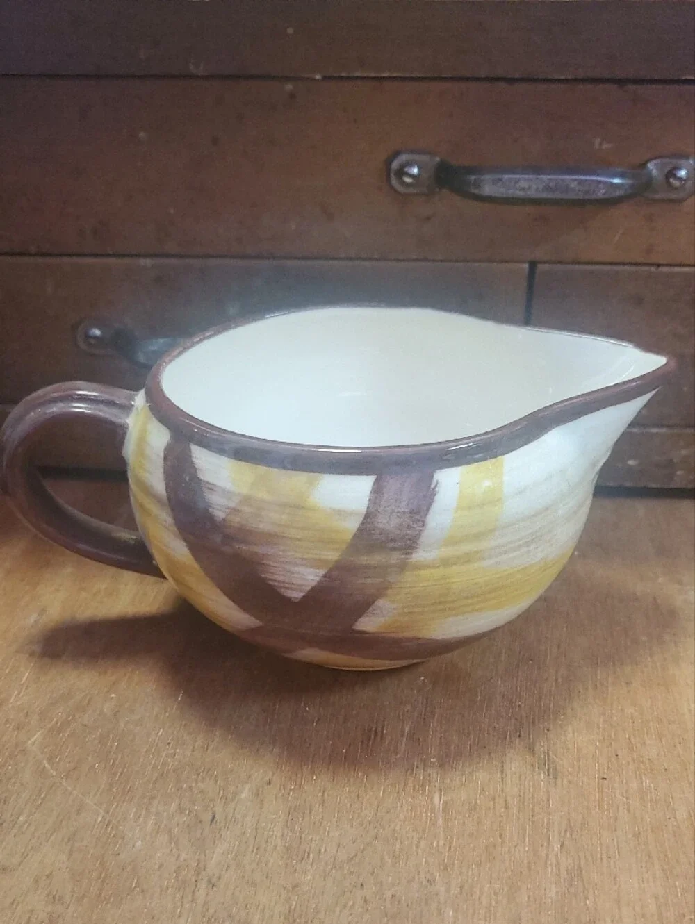 Vernonware Hand-Painted Yellow and Brown Ceramic Creamer Pitcher - Homespun D